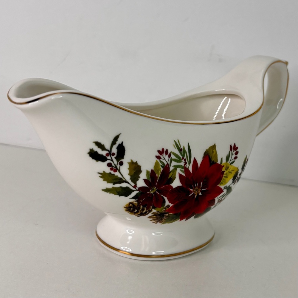 Footed Gravy Boat Grace Teaware Christmas Poinsettia Porcelain New
